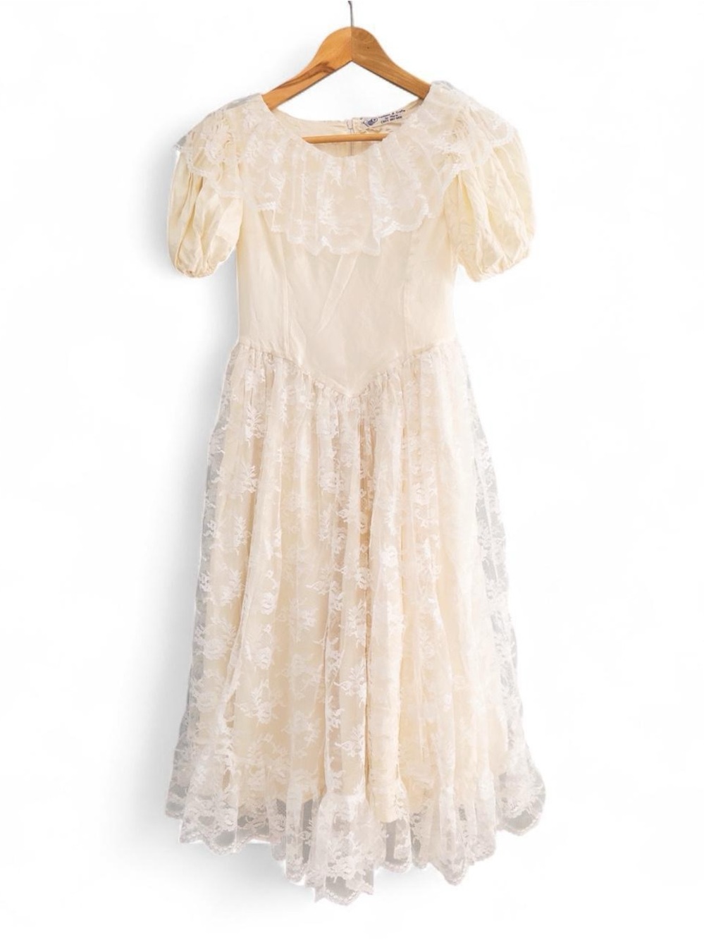 Vintage Handmade Ivory Satin & Lace Girls’ Dress, Puff Sleeves
